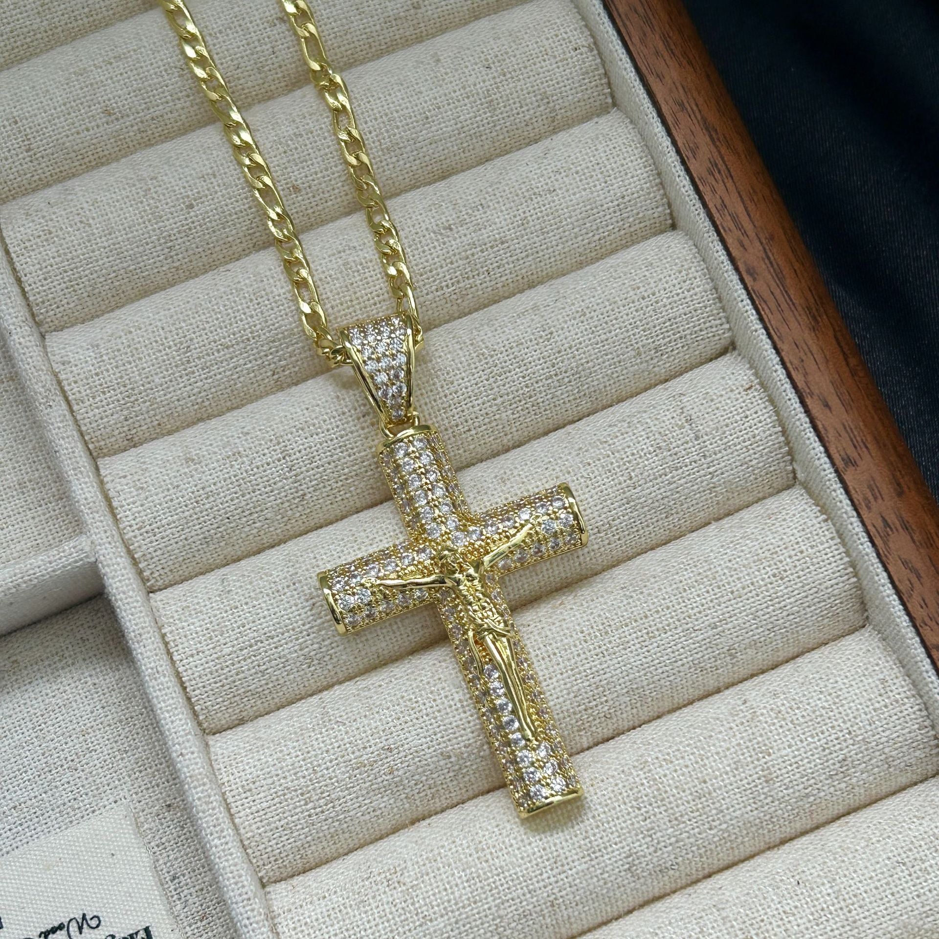 Large Diamond-Encrusted Cross Gold-Plated Zircon Necklace