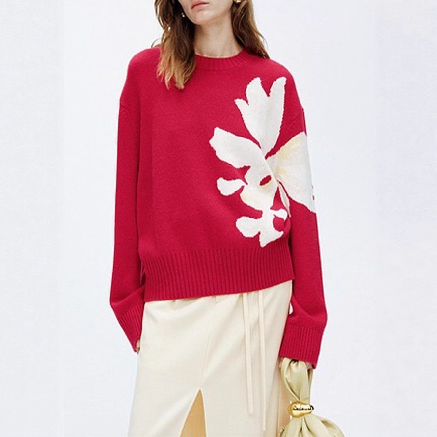 Christmas 3D Floral Contrast Color Crewneck Personalized Sweater